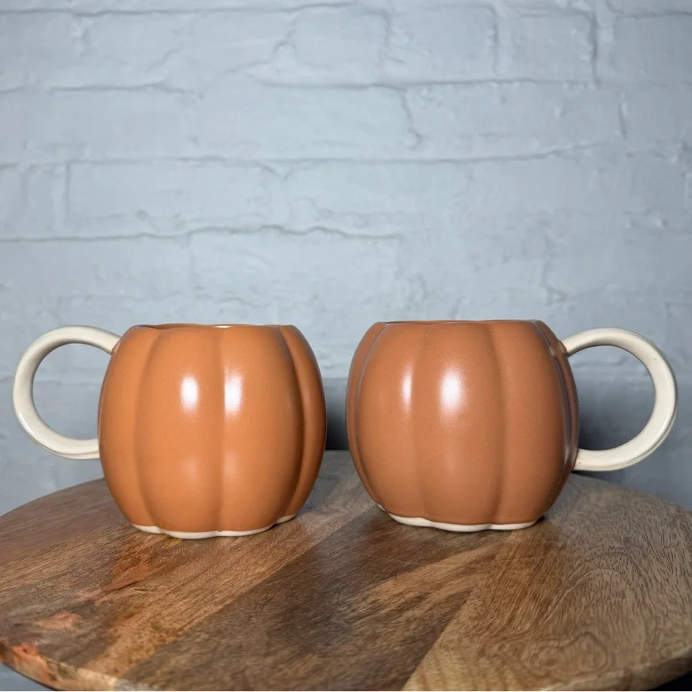 West Elm Pumpkin Shaped Ceramic Mugs - Set of 2, Brown